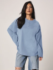 MISSGUIDED 宽松亨利领长袖T恤，带纽扣门襟，休闲套头衫 - 藍色 - 查看 4