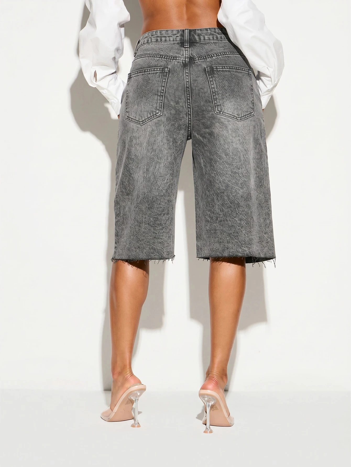 Baggy Wide Leg Denim Bermuda Shorts With Raw Hem