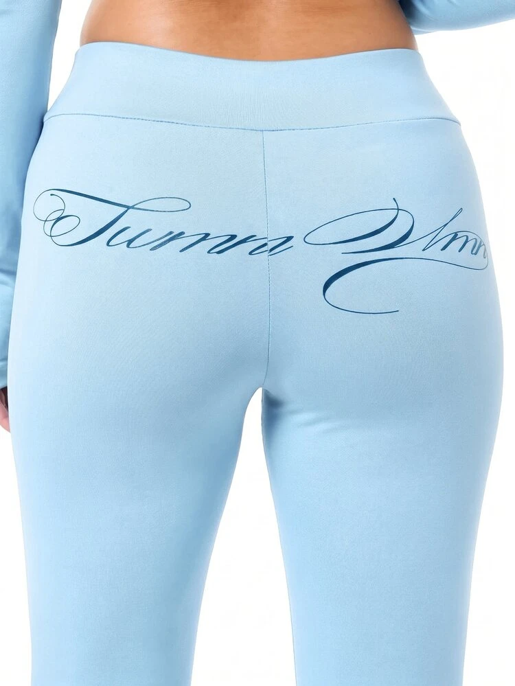 SUMWON WOMEN Script Bum Print Flare Leg Pants High Waist Bootcut Bottoms With Cursive Logo Detail