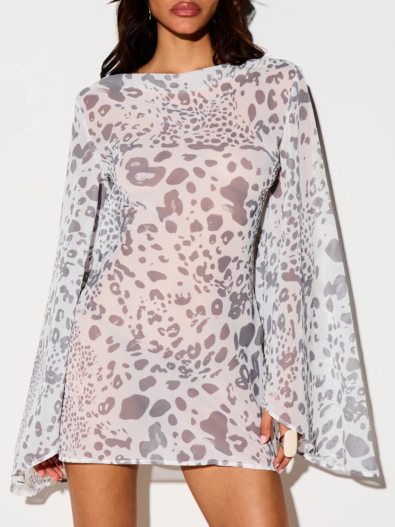 Leopard Print Chiffon Mini Dress With Bell Sleeves