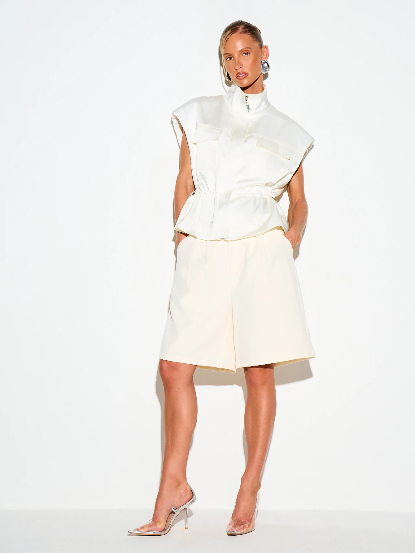 Satin Sleeveless Vest Jacket With Funnel Neck And Drawstring Waist