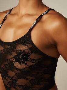 Missguided x Playboy Lace Cami Top And Thong Set Floral Sheer Lingerie Two-Piece Intimate Set With Logo Straps - Black - View 2