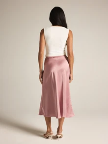 KSTM Satin Midi Slip Skirt With Bias Cut Flared Hem And High Rise Waistband For Evening And Casual Wear - Pink - View 2