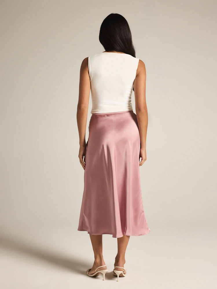 KSTM Satin Midi Slip Skirt With Bias Cut Flared Hem And High Rise Waistband For Evening And Casual Wear