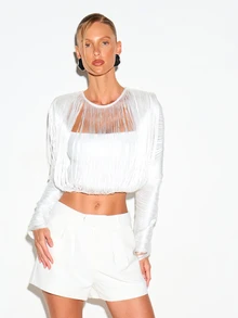 KIZN Áo croptop tay dài có tua rua, cổ tròn, gấu áo chun và khóa kéo phía sau, thích hợp cho tiệc tùng. - trắng - Xem 3