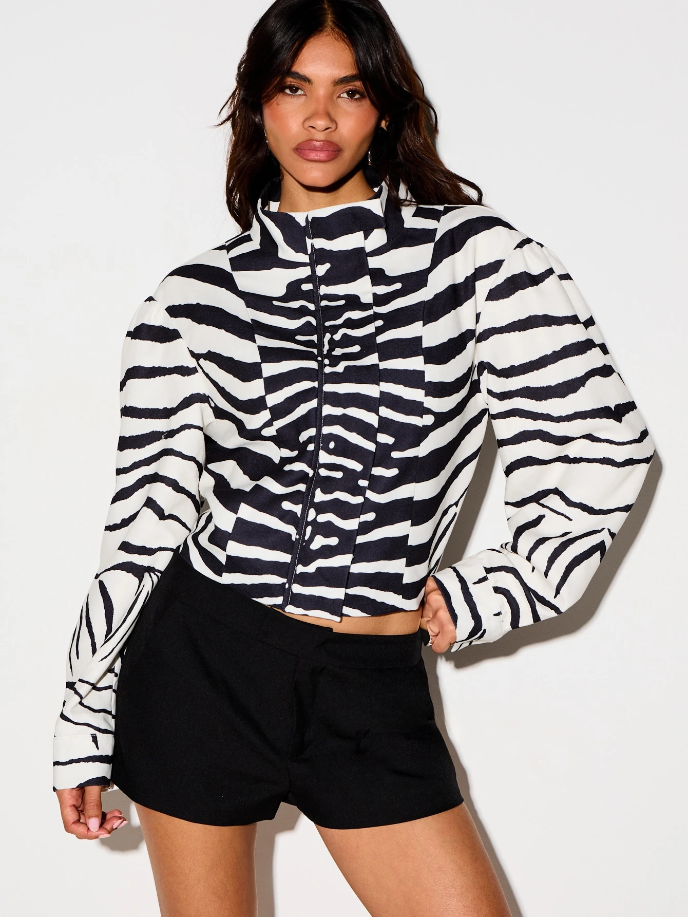 KIZN Zebra Print Funnel Neck Boxy Cropped Jacket