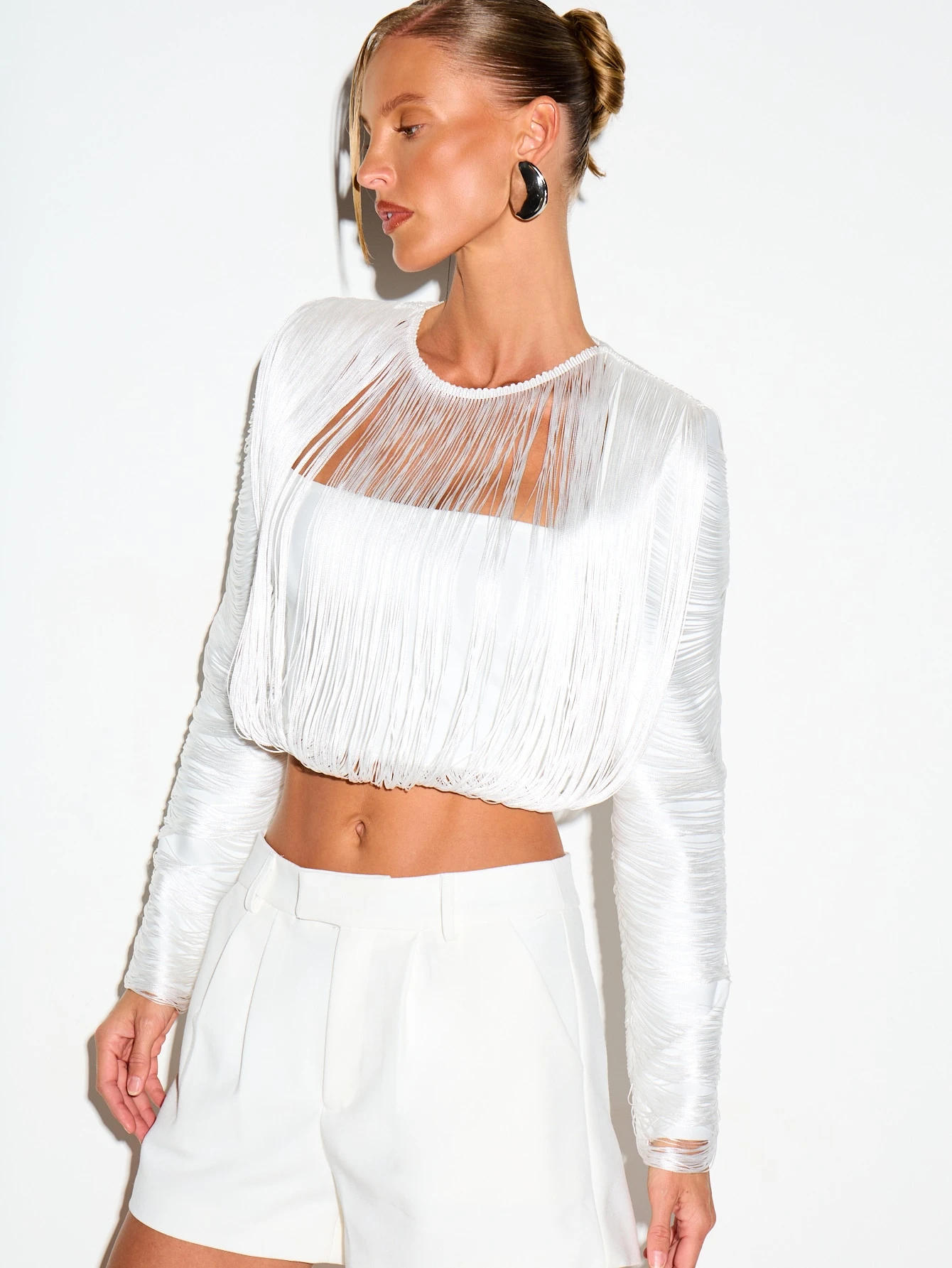 KIZN Fringe Crop Top With Long Sleeves And Elastic Hem