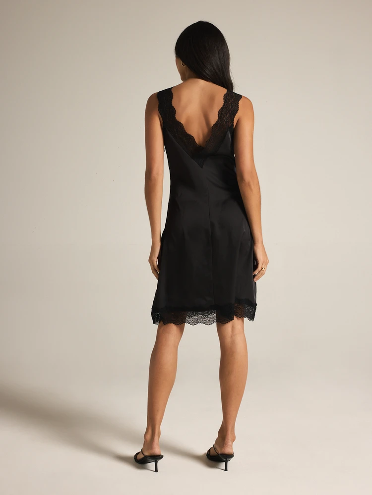 KSTM Satin Slip Mini Dress With Lace Trim V-Neck Sleeveless Party Evening Wear
