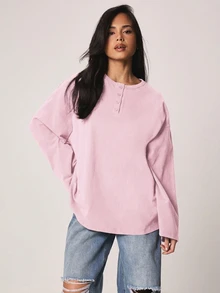 MISSGUIDED 宽松亨利领长袖T恤，纽扣细节设计，休闲落肩款式 - 粉色 - 查看 4