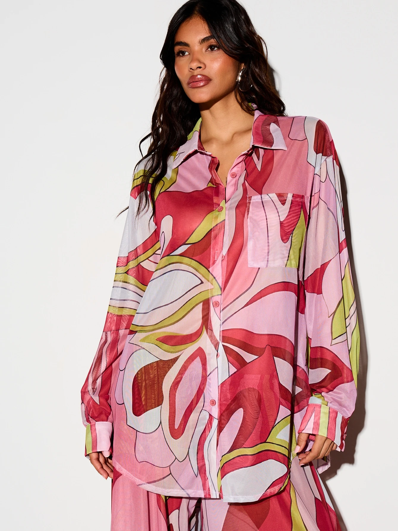KIZN Sheer Oversized Shirt With Abstract Swirl Print