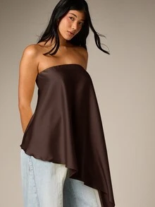 AiiRZ Áo quây Bandeau satin không dây với vạt rủ bất đối xứng cao thấp - Áo tiệc tối thanh lịch - Màu nâu Sô-cô-la - Xem 5