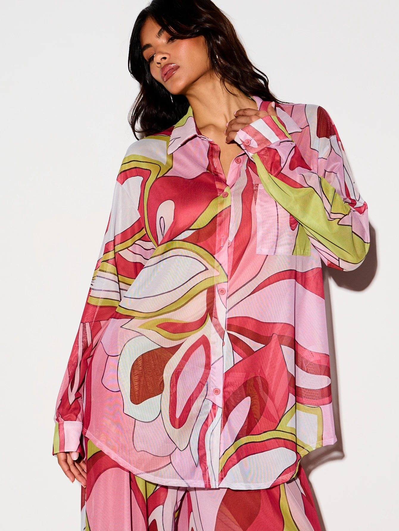 KIZN Sheer Oversized Shirt With Abstract Swirl Print