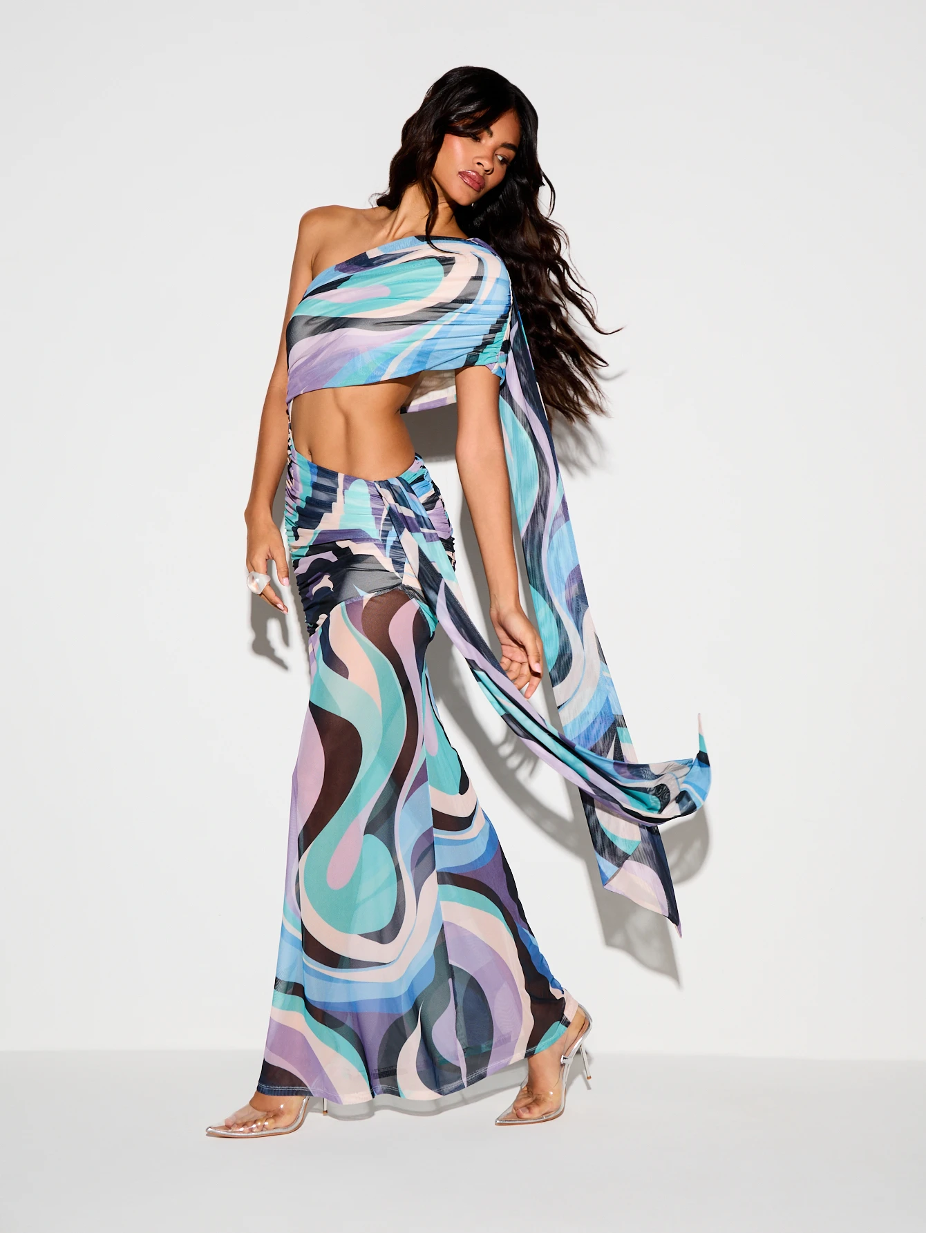 KIZN One-Shoulder Swirl Print Cut-Out Maxi Dress