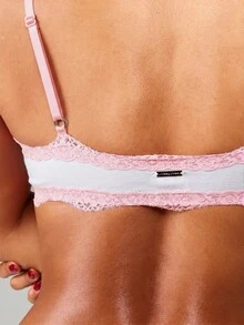 Missguided x Playboy Áo ngực không gọng ren họa tiết logo thỏ, điểm nhấn là nơ satin và dây đeo có thể điều chỉnh. - trắng - Xem 4