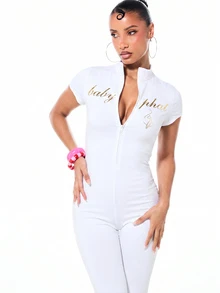 BABYPHAT Gold Logo Zip-Up Jersey Capri Jumpsuit With Mock Neck And Short Sleeves - White - View 3