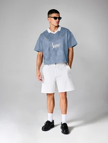 SUMWON Casual Box Fit Suede Polo Shirt With V-Neck Collar Embroidered Logo Washed Texture Summer Top - Blue - View 3