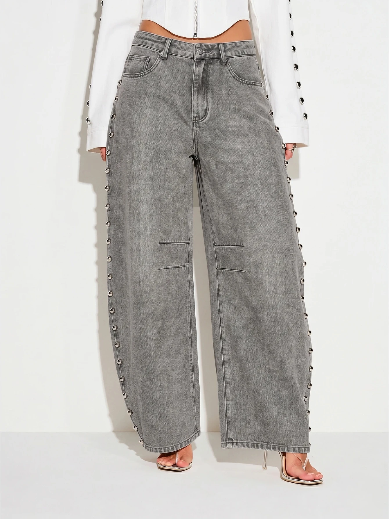 Wide Leg Jeans With Silver Stud Side Detail
