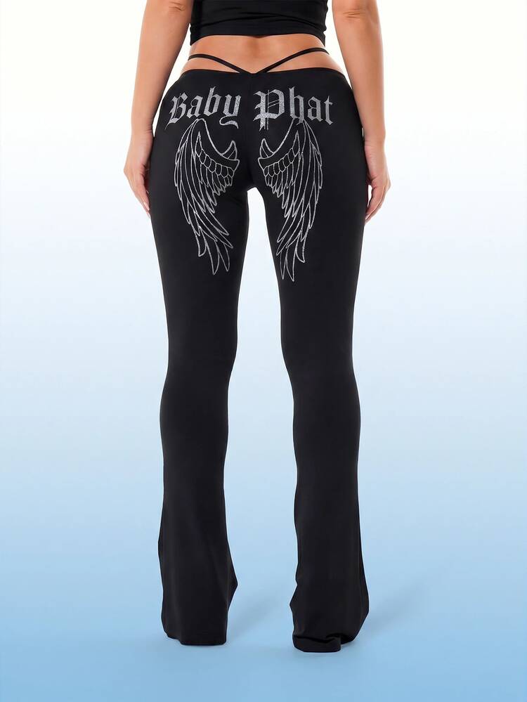 BABYPHAT Flare Leggings With Crossover Waist Detail, Angel Wings Back Print And Cat Logo, Low Rise Flared Pants