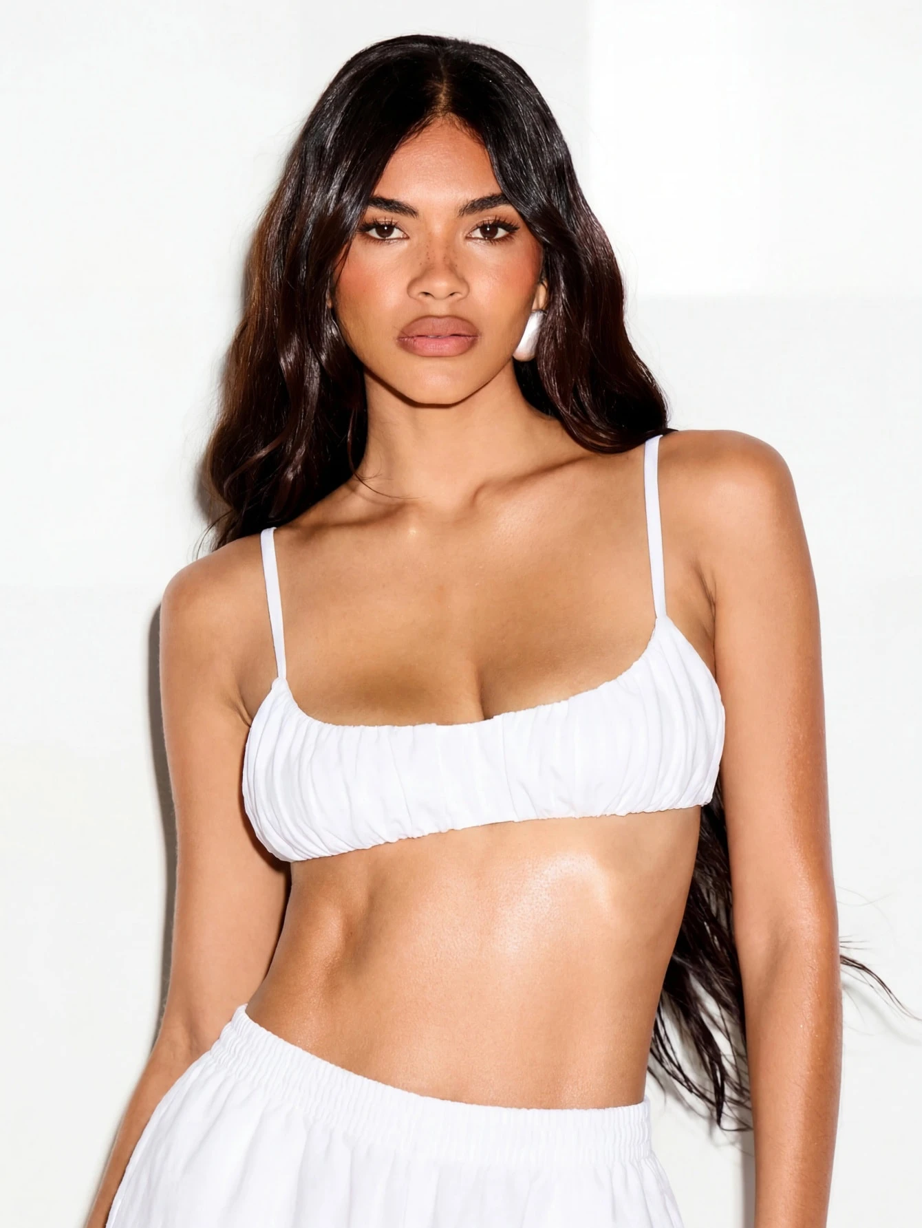 Gathered Linen Feel Bralette With Scoop Neck And Adjustable Straps
