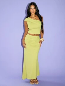 FASHION SZN GATHERED WAISTBAND ASYMETRIC MAXI SKIRT - Green - View 3