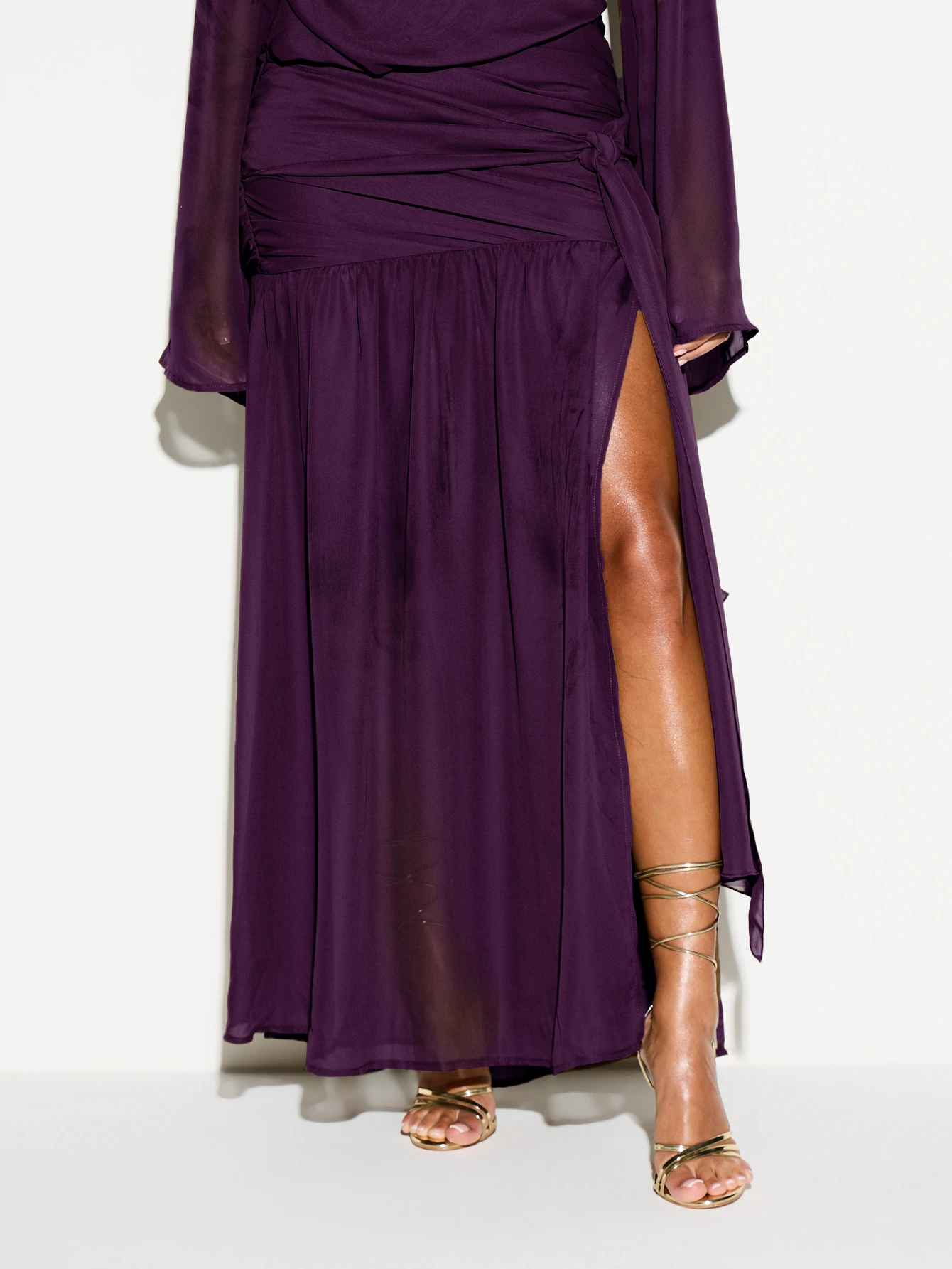 KIZN Chiffon Wrap Maxi Dress With Bell Sleeves And High Slit