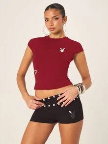 Missguided x Playboy 印花修身T恤，饰有银色铆钉星星和兔子标志，短款上衣 - 紅色 - 查看 5