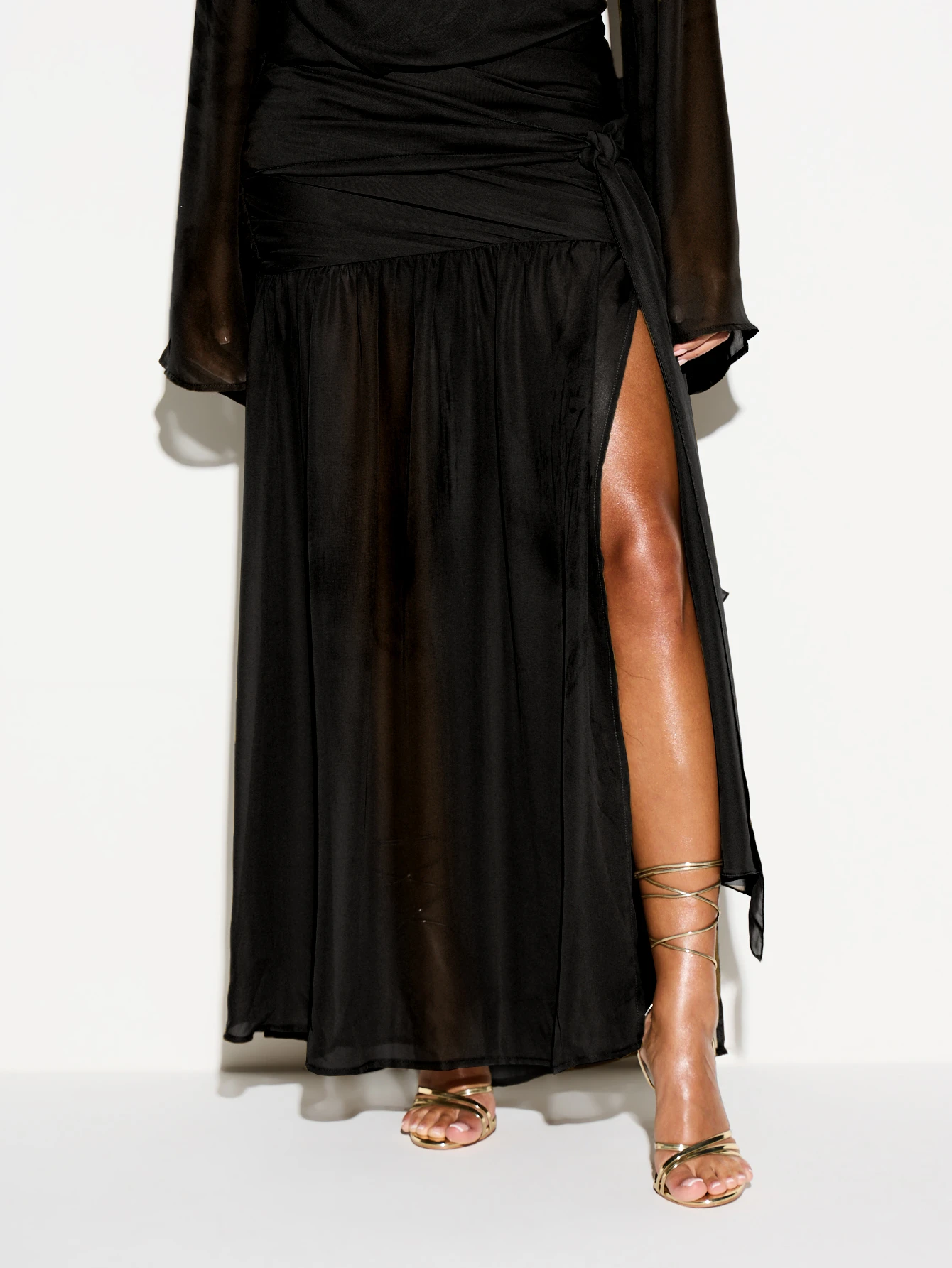 Sheer Wrap Maxi Dress With Flare Sleeves And High Slit