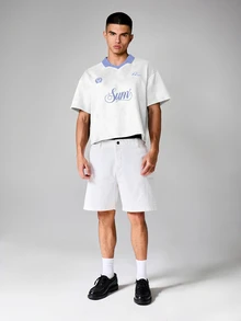SUMWON Casual Box Fit Polo Shirt With Embroidered Script Print V-Neck Contrast Collar Short Sleeve Summer Top - White - View 5