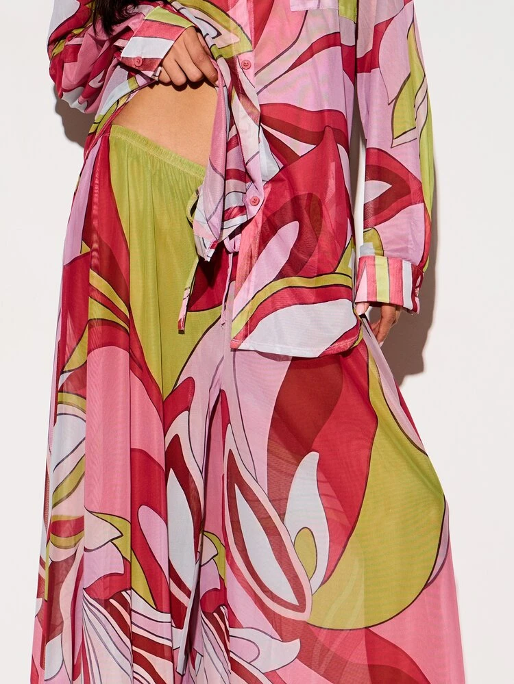 KIZN Printed Mesh Wide Leg Sheer Palazzo Trousers