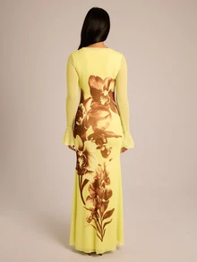 FASHION SZN Women's Elegant Floral Print Maxi Dress Flare Sleeves Races Day Summer Holiday Vacation Special Occasion Birthday Party Wedding Guest Dress Long Dresses Slim Fit Mesh Stretch - Multicolor - View 2