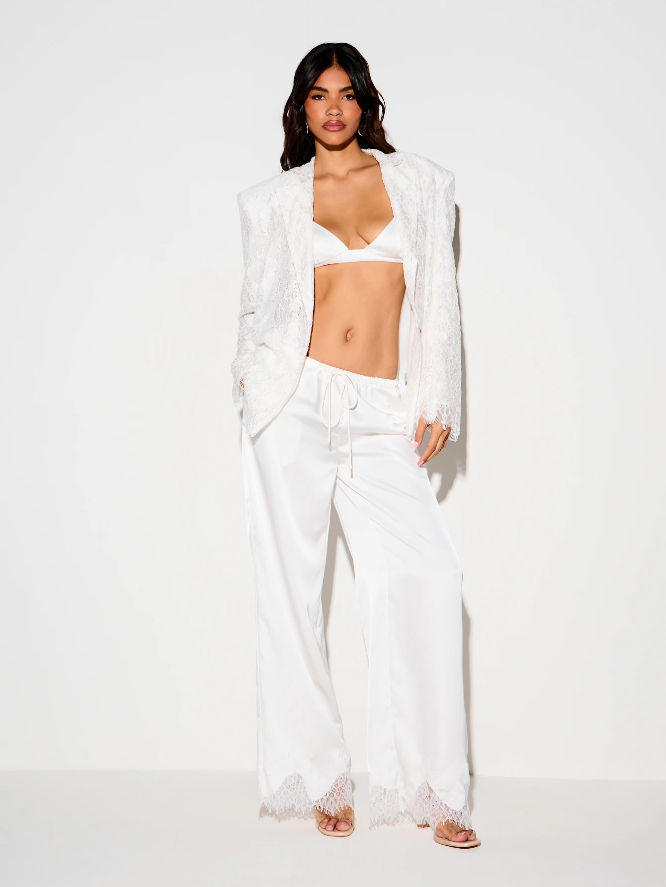 KIZN Satin Wide Leg Trousers With Lace Trim Hem