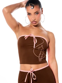 BABYPHAT Bandeau Crop Top With Cat Logo Print And Pink Contrast Tie Detail Jersey - Chocolate Brown - View 4