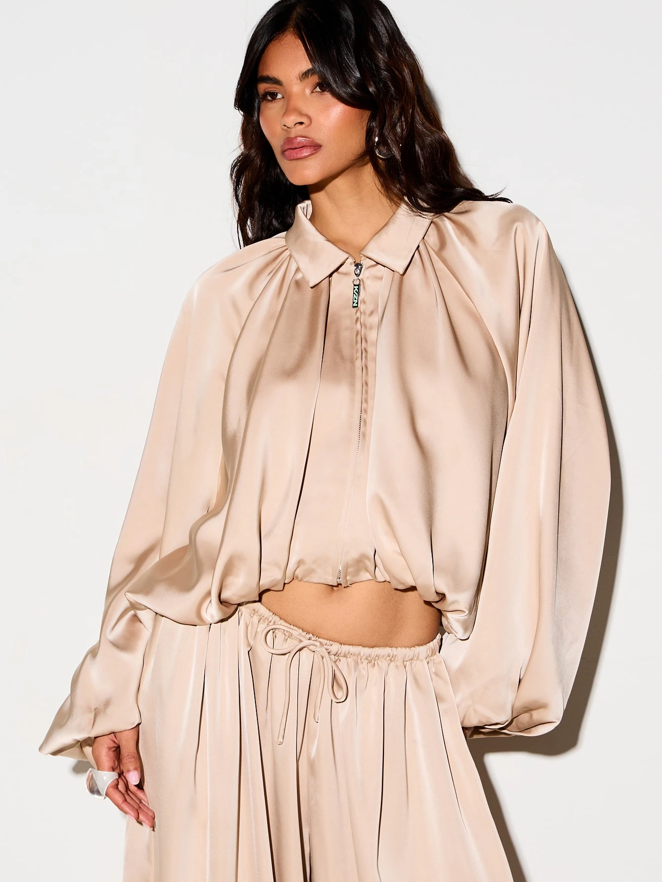 Satin Bubble Hem Jacket With Balloon Sleeves