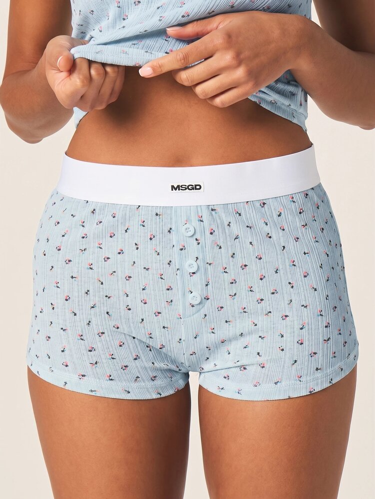 MISSGUIDED Floral Pointelle Ribbed Crop T-Shirt And Boyshorts Pajama Lounge Set With Branded Elasticated Waistband