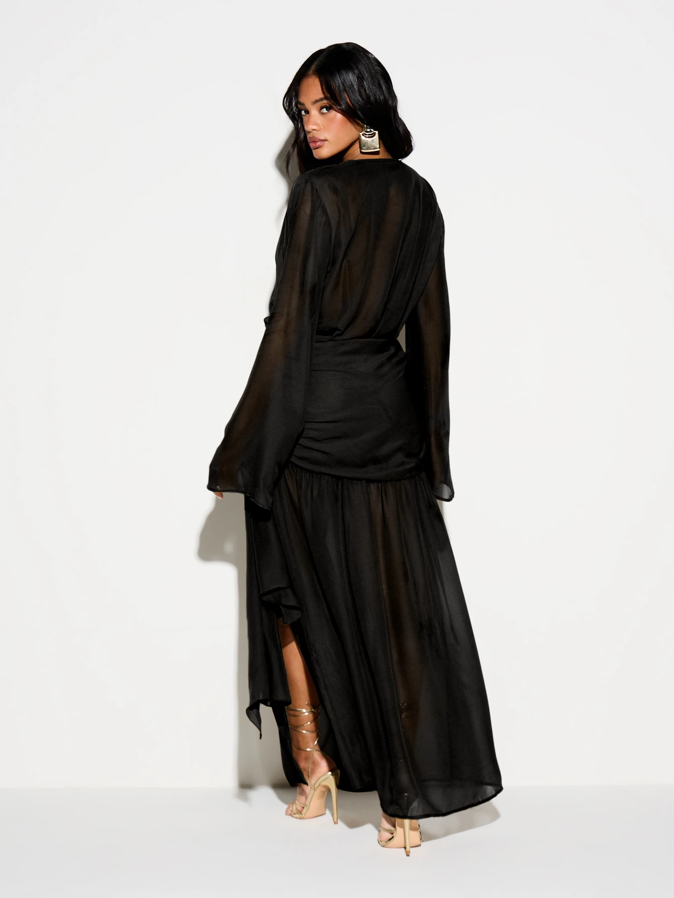 Sheer Wrap Maxi Dress With Flare Sleeves And High Slit