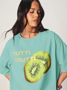 MISSGUIDED Tutti Frutti Kiwi Graphic Print Oversized Streetwear Tropical Crew Neck Short Sleeve Summer Casual T-Shirt Vacation Green - Mint Green - View 5