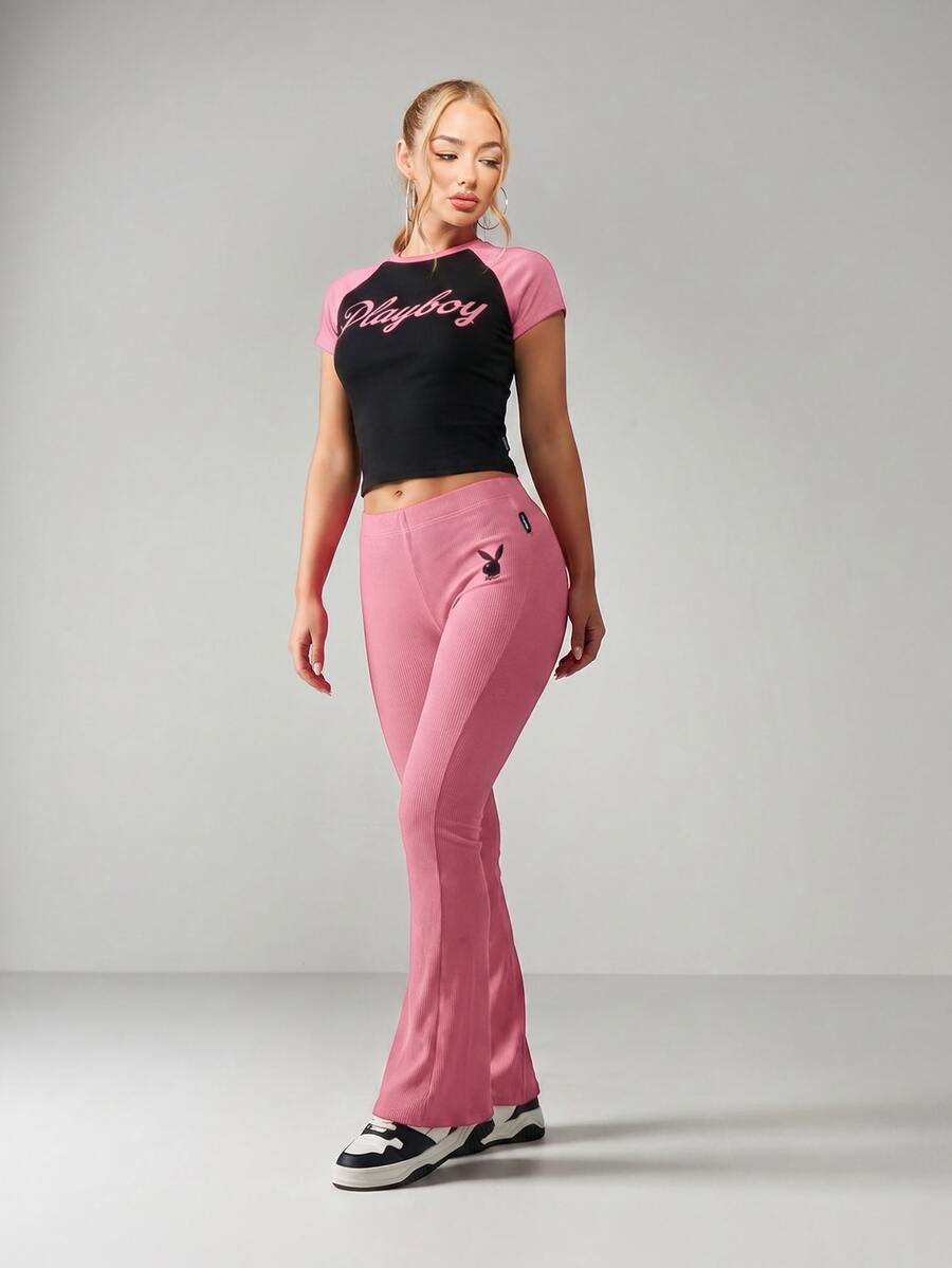 Missguided x Playboy 罗纹喇叭裤和Logo露脐插肩袖上衣两件套搭配套装 - 粉色 - 查看 1