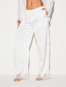 KIZN Satin Wide Leg Trouser With Lace Trim Hem And Drawstring Waist Elegant Palazzo Style Full Length Pants - White - View 1