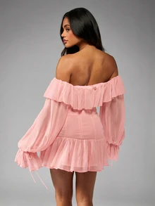 MISSGUIDED Đầm ngắn Bardot trễ vai, xếp ly, corset thắt dây, chất liệu chiffon nhăn, tay phồng. - Hồng - Xem 2