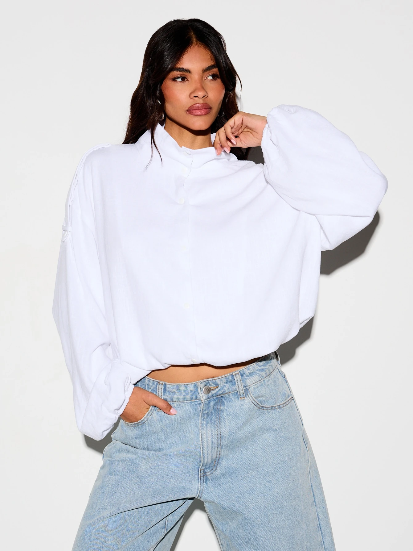Cropped Windbreaker Jacket With Stand Collar And Balloon Sleeves