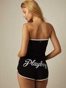 Missguided x Playboy Bandeau Strapless Terry Cloth Romper With Drawstring Waist Embroidered Logo Beach Cover Up Summer Playsuit Black And White Casual - Black and White - View 3