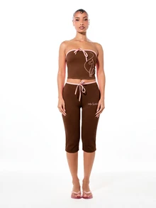 BABYPHAT Bandeau Crop Top With Cat Logo Print And Pink Contrast Tie Detail Jersey - Chocolate Brown - View 3