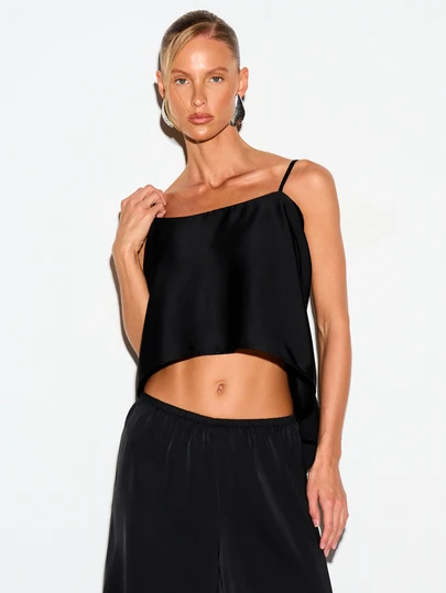 KIZN Satin Cami Top With Square Neckline Spaghetti Straps Tie Back Drape Detail Cropped Length Summer