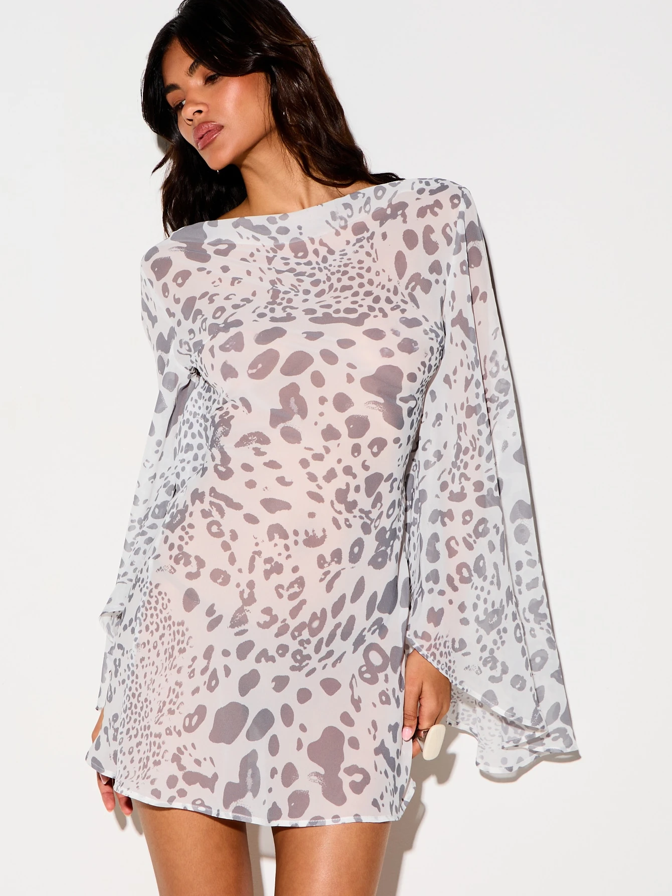 Leopard Print Chiffon Mini Dress With Bell Sleeves