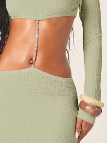 MISSGUIDED Textured Maxi Dress With Long Sleeves, Waist Cut Out, Diamante Trim Detail, Bodycon Fit, Summer Party Club Night Out Sage Green Sexy - Olive Green - View 4