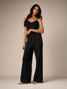 AiiRZ Cami And Wide Leg Trouser Pajama Set With Lace Trim Sweetheart Neckline Cozy Lounge Sleep Wear - Black - View 3