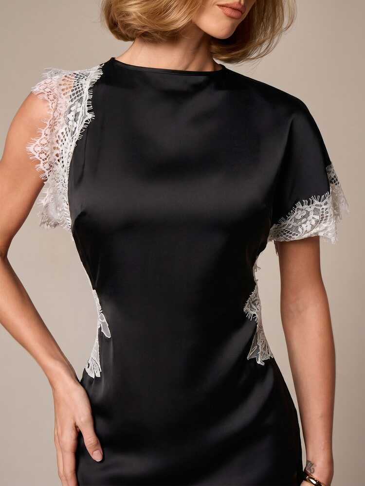 Satin Mini Dress With Lace Detail And Asymmetric Hem