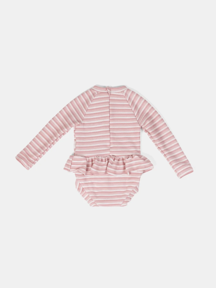 Baby Girls Long Sleeve Rash Guard One-Piece Swimsuit With Ruffle Skirt Pink Stripe California Girl Embroidery Summer Beach