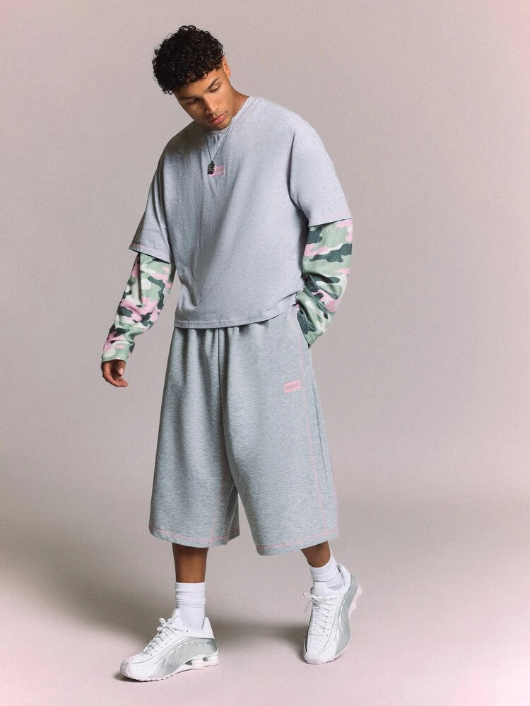 Oversized Baggy Bermuda Shorts With Contrast Pink Stitching And Logo Patch Summer Streetwear