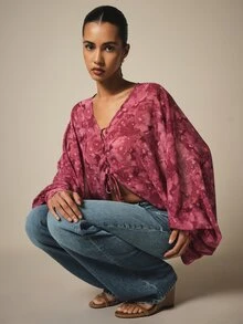 KSTM Floral Print Lace-Up Front Batwing Long Sleeve Crop Blouse Boho Chiffon Open Front Top Spring Summer - Multicolor - View 6